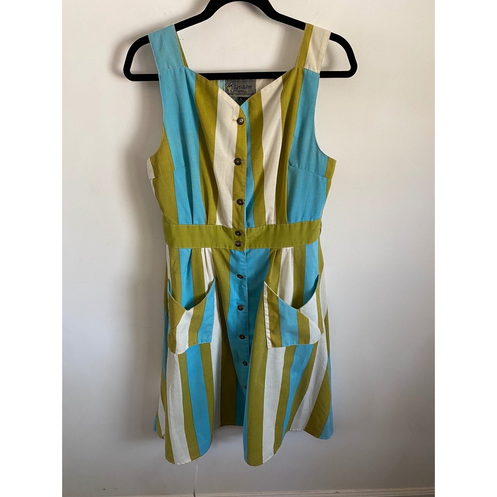 Field Day Reclaimed Striped Button Front Sun Dress Women Large Green Blue Dress
